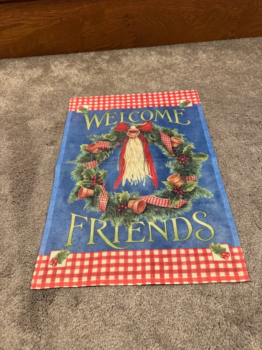 Welcome Friends Christmas Wreath Garden Flag Red Gingham Holiday 12.5x18